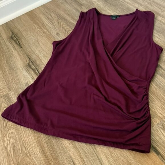 Ann Taylor Factory Wine Colored Sleeveless Faux-Wrap Top, Side Ruching | Size L - Picture 2 of 5